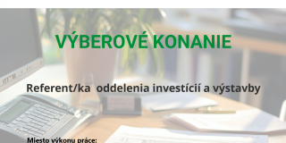 Výberové konanie na miesto: Referent/ka – Oddelenia investícií a výstavby – Mesto Nové Mesto nad Váhom